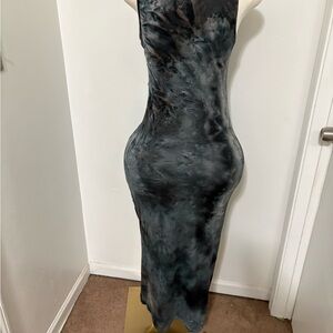 Sleek Black Marble-Print Bodycon Maxi Dress Large NWOT